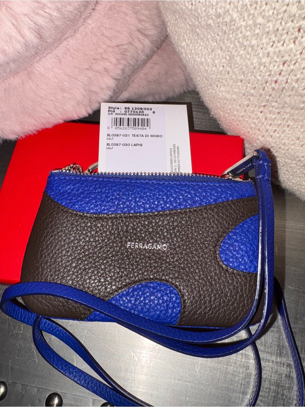 Salvatore Ferragamo Brown and Blue Pebbled Leather Mini Crossbody